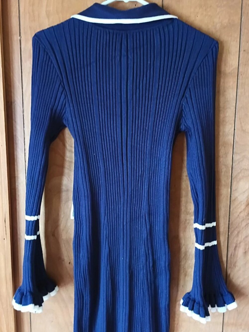 Vintage Ribbed Knit Sailor Dress Blue White Size L Bell Sleeve midi - Picture 5 of 6